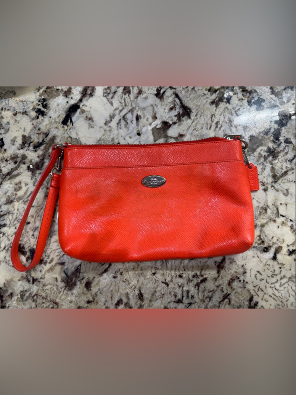 Coach Red Orange Leather Wristlet Clutch with Silver Hardware